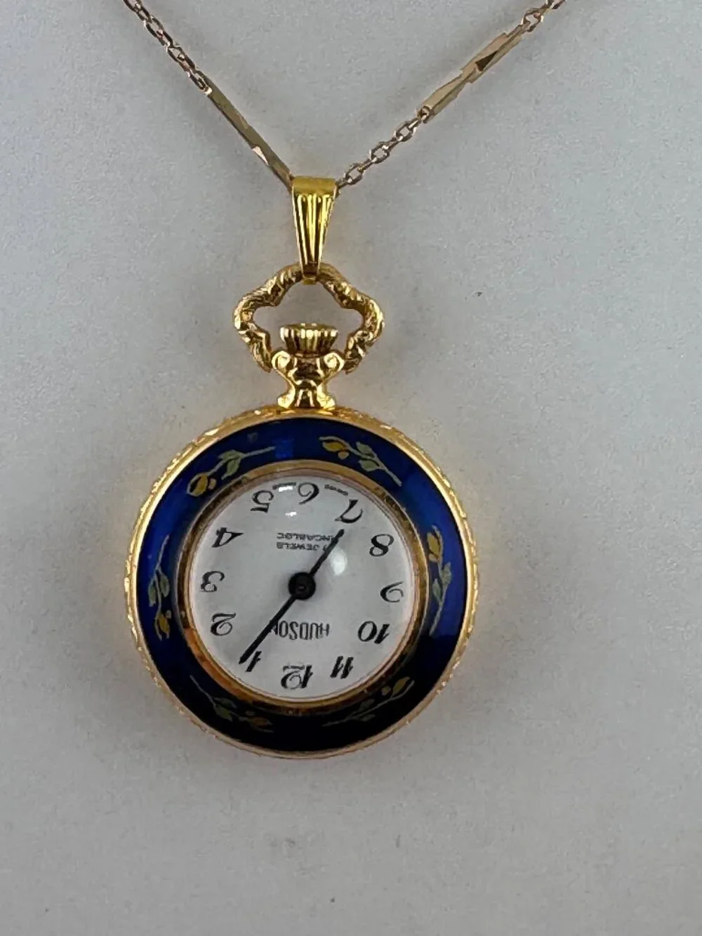 Vintage Hudson Gold Plated Pendant Watch with Blue Guilloche & Red Flower Motifs